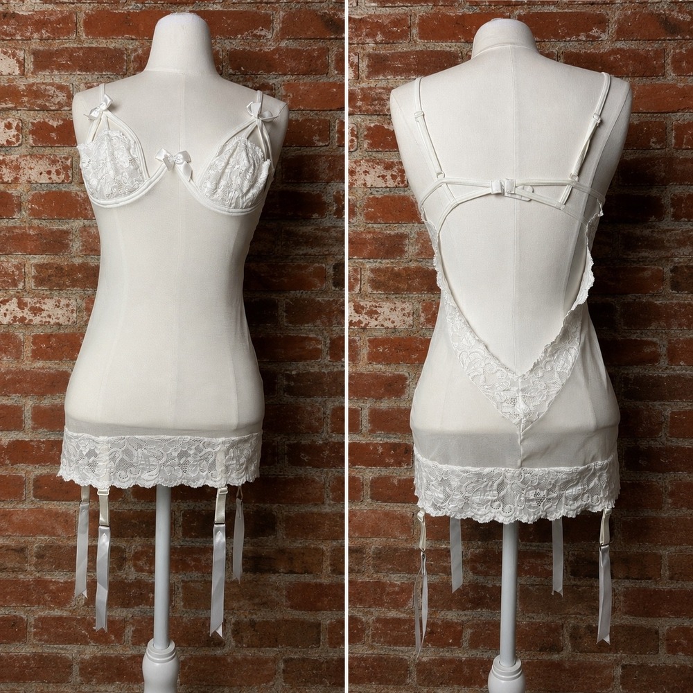 Vintage Sheer White Lace Garter Chemise M Lingerie Bridal Romantic Coquette